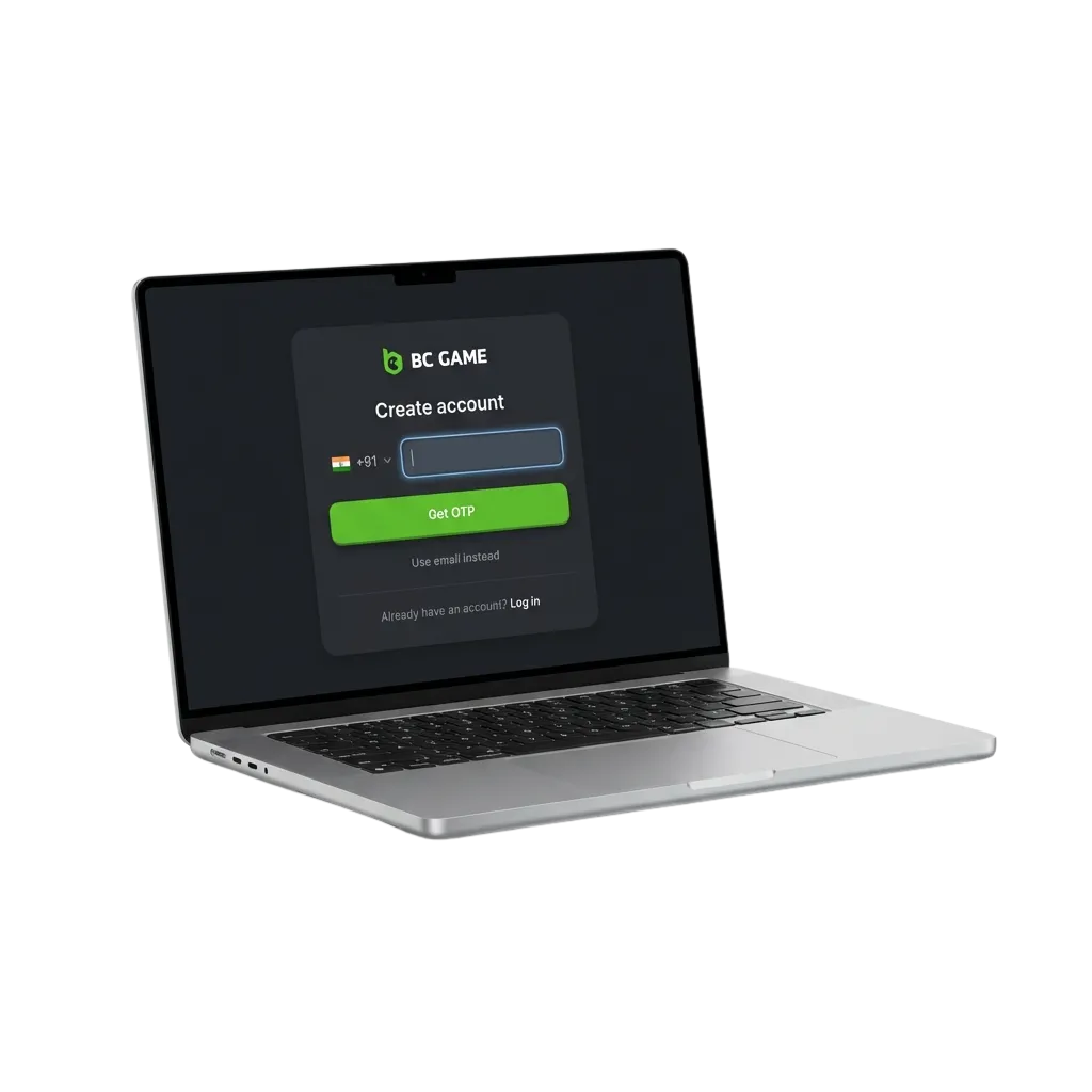 BC Game registration interface showing sign-up options for Indian users to access casino games and sports betting